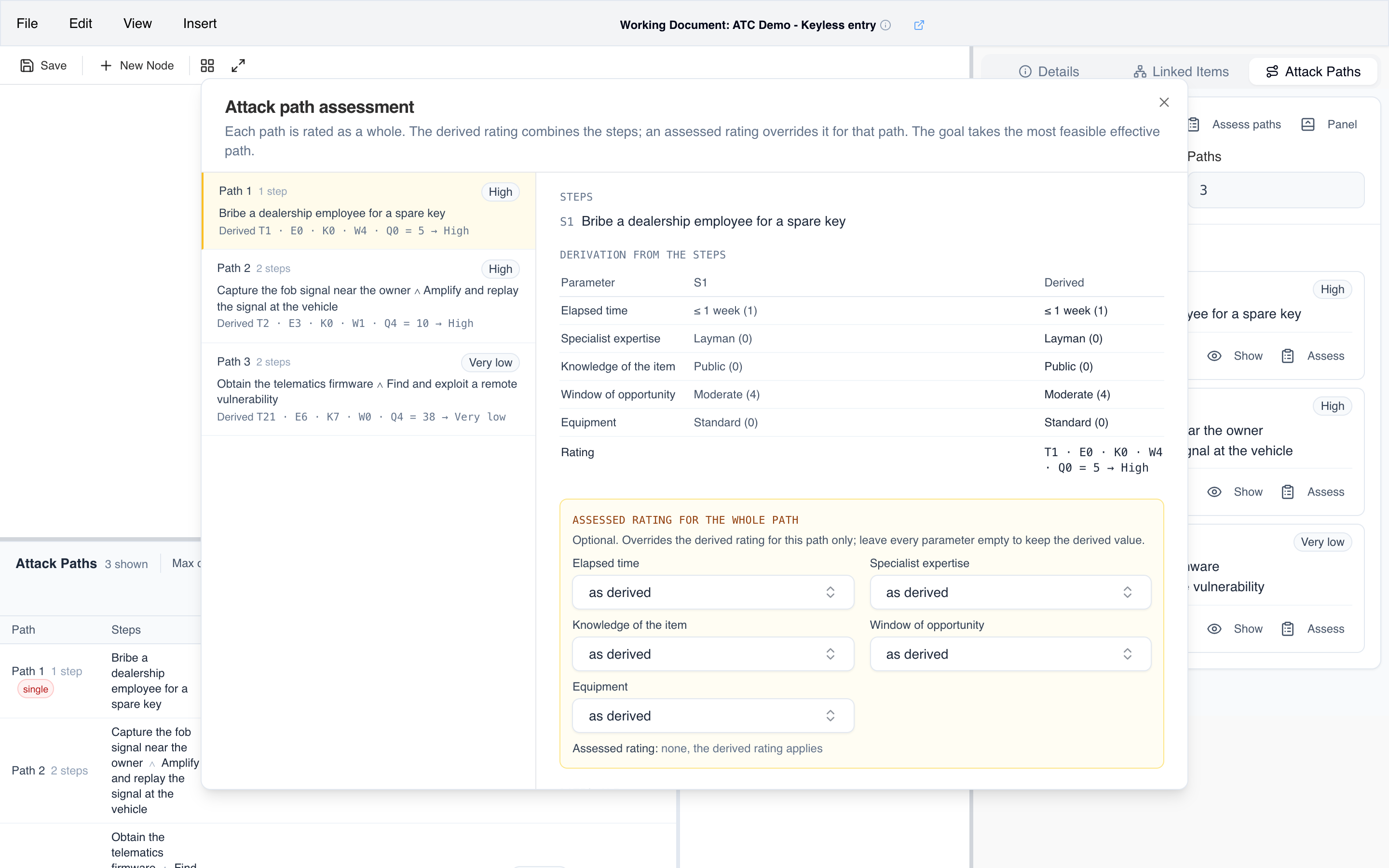 Attack Tree Composer — attack path assessment showing the rating of each step, the derived combination and the assessed rating for the whole path
