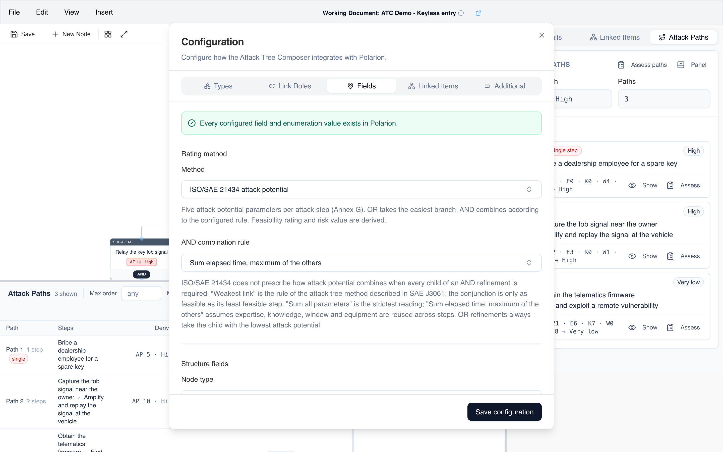 Attack Tree Composer — configuration dialog with the rating method, the AND combination rule and the field mapping