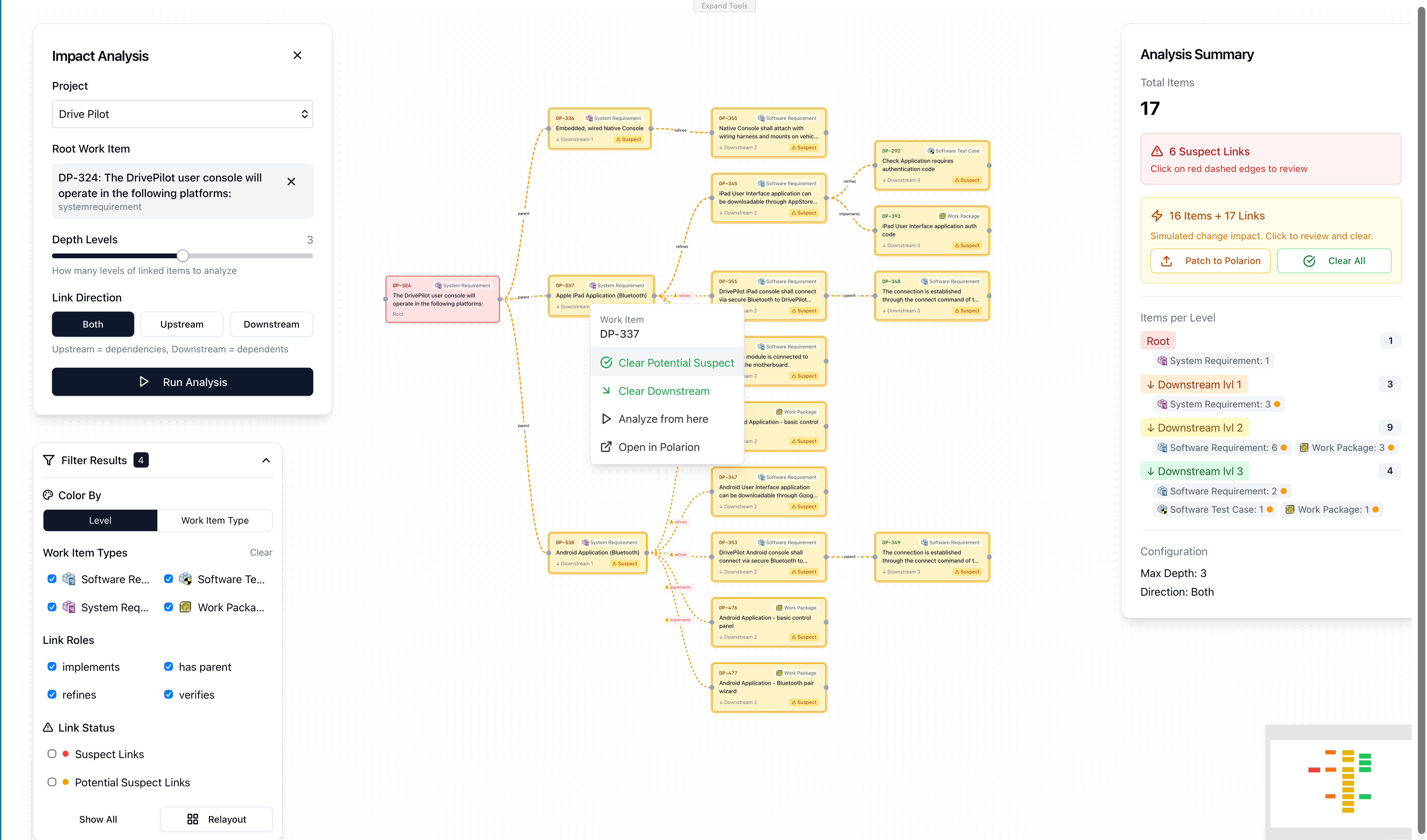 RoP Cascade change simulation — review affected items and refine the analysis before committing suspect links to Polarion