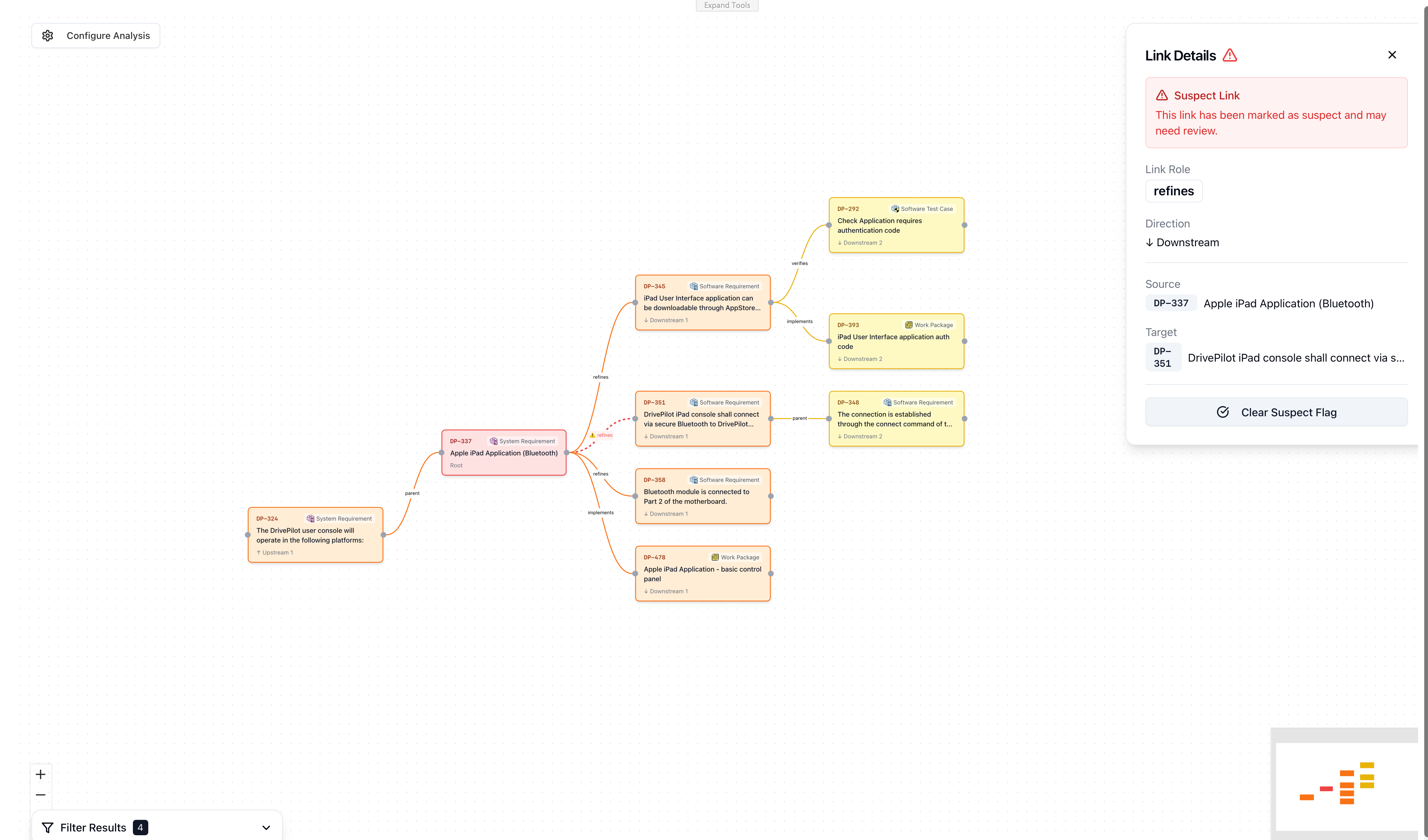 RoP Cascade — per-link suspect details panel showing link role, direction, source and target work items