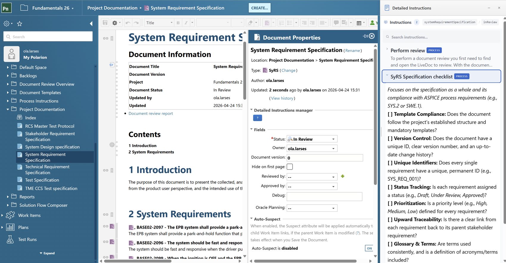 A System Requirement Specification open in Polarion with the Detailed Instructions panel on the right, showing a SyRS specification checklist selected by the document type and status.