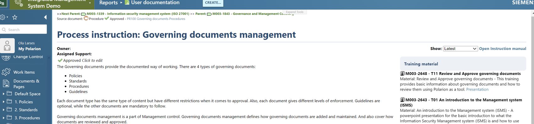 A process instruction page for Governing documents management in Polarion, showing the approved description and a Training material panel listing two linked training work items.