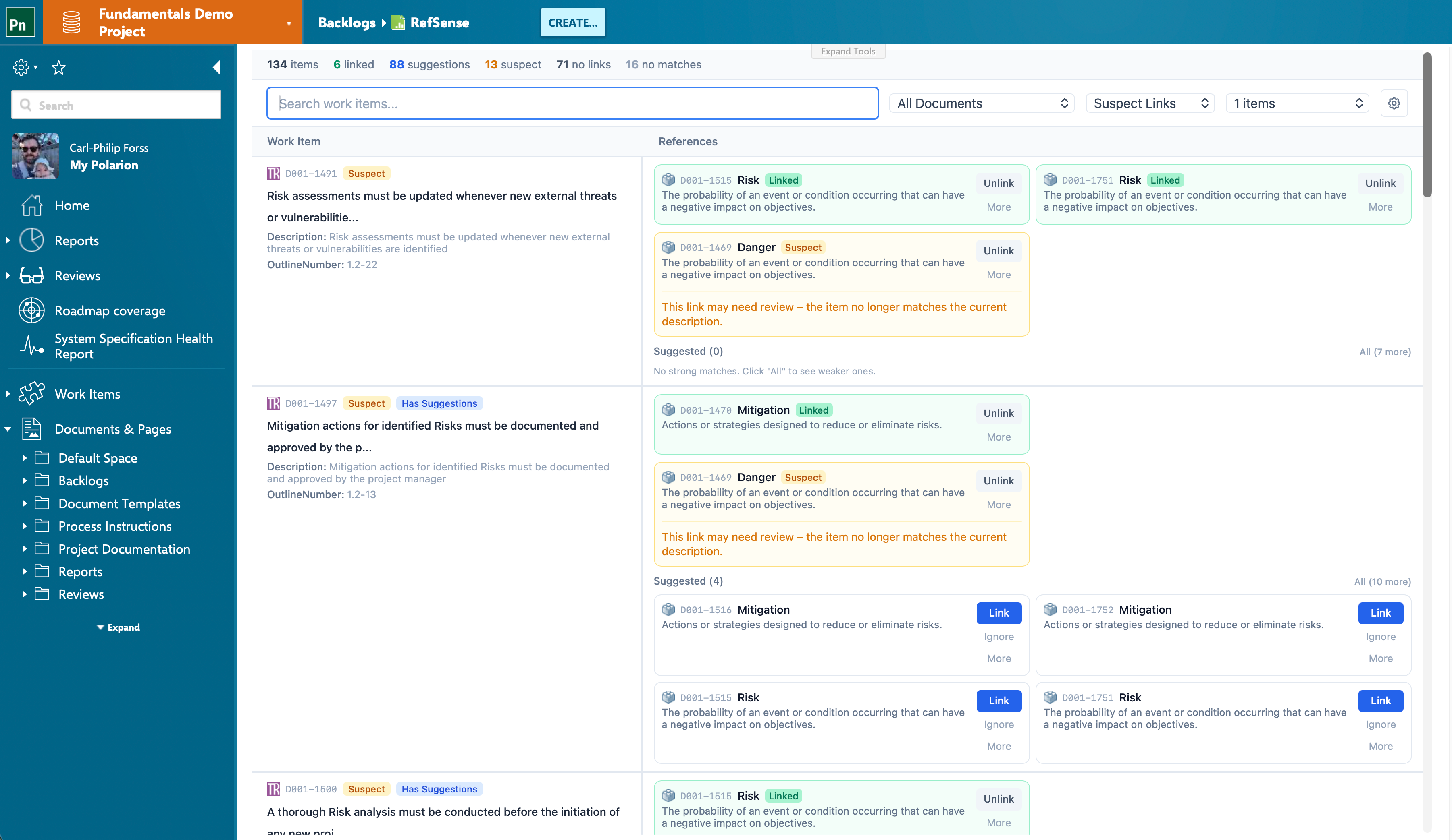 RefSense widget — list of references flagged as invalid and suggested matches that haven't been linked yet