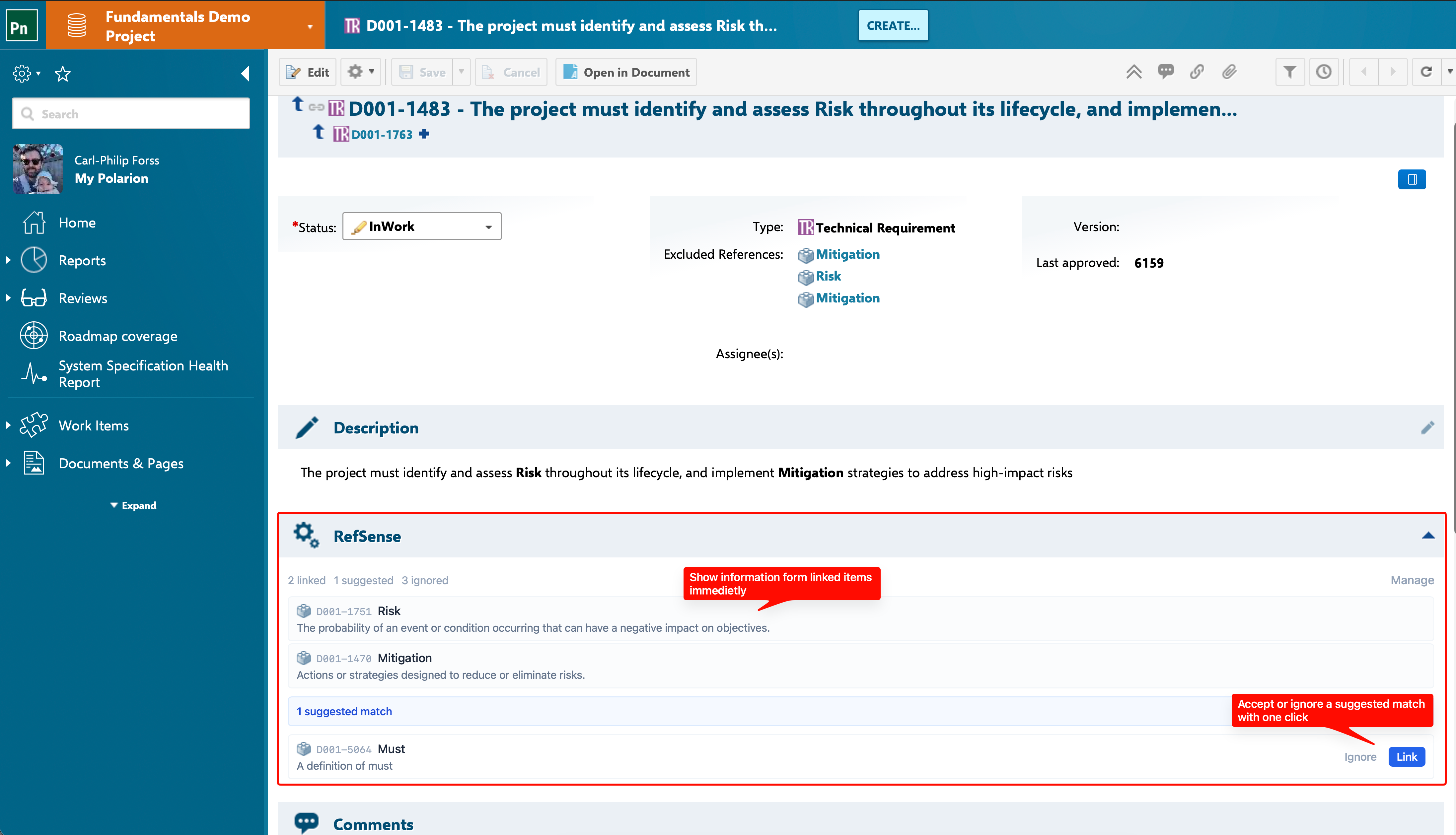 RefSense work item view with inline detection and one-click linking