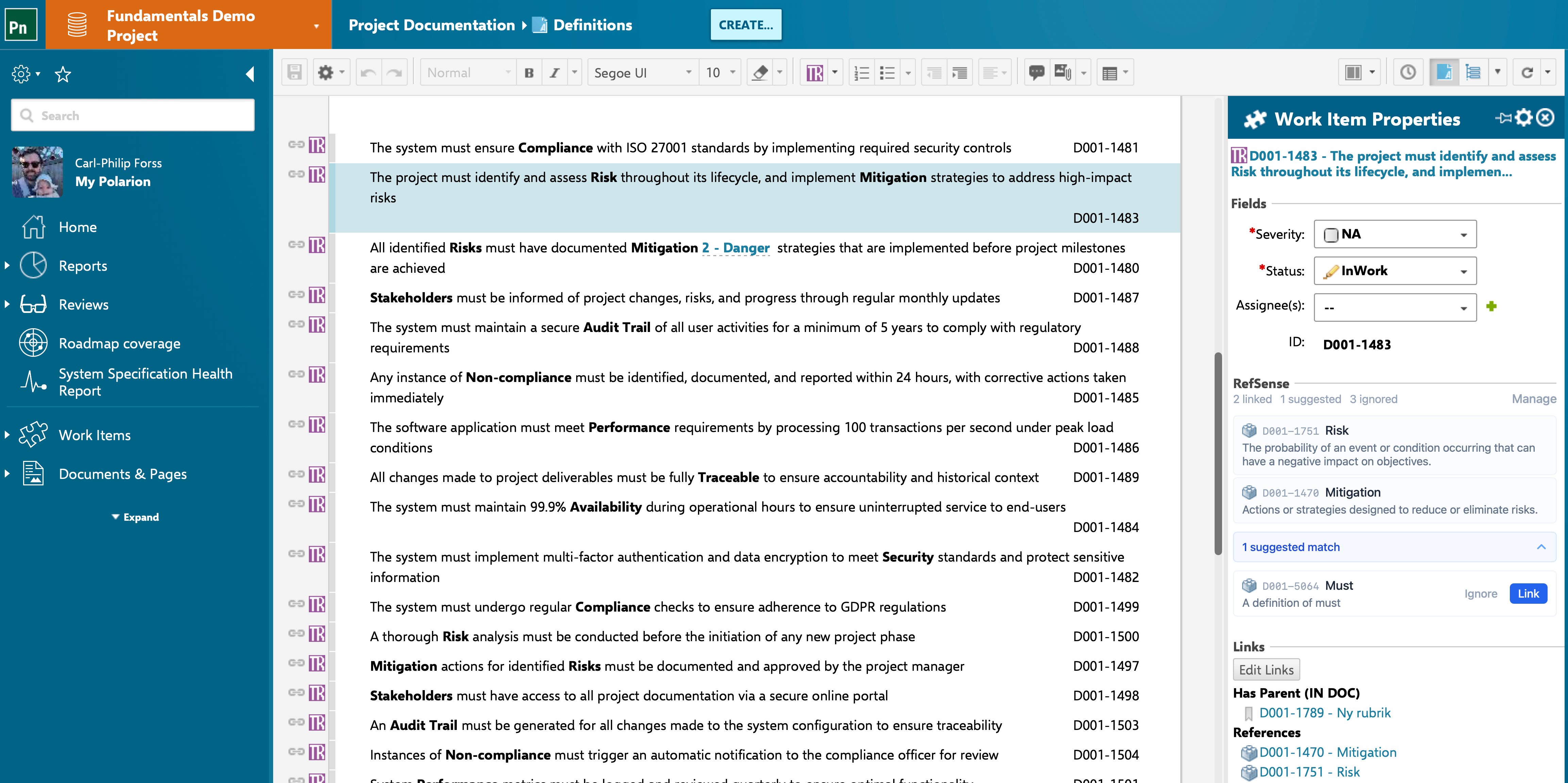 RefSense inline reference preview — linked references display the target item's live information in the document view