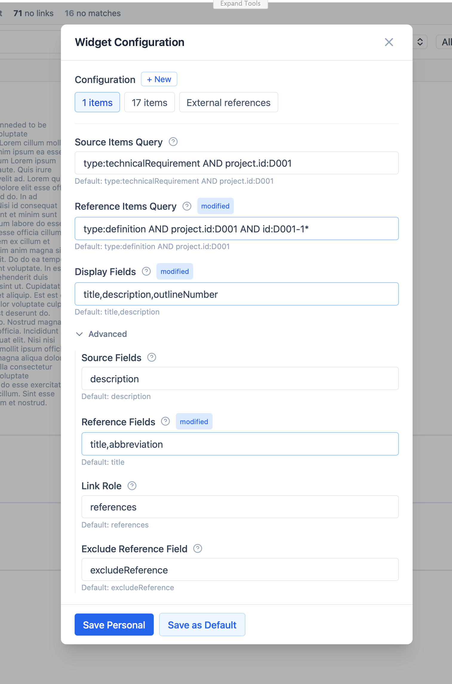 RefSense configuration — define item sets and reference sets to align with your Polarion information model