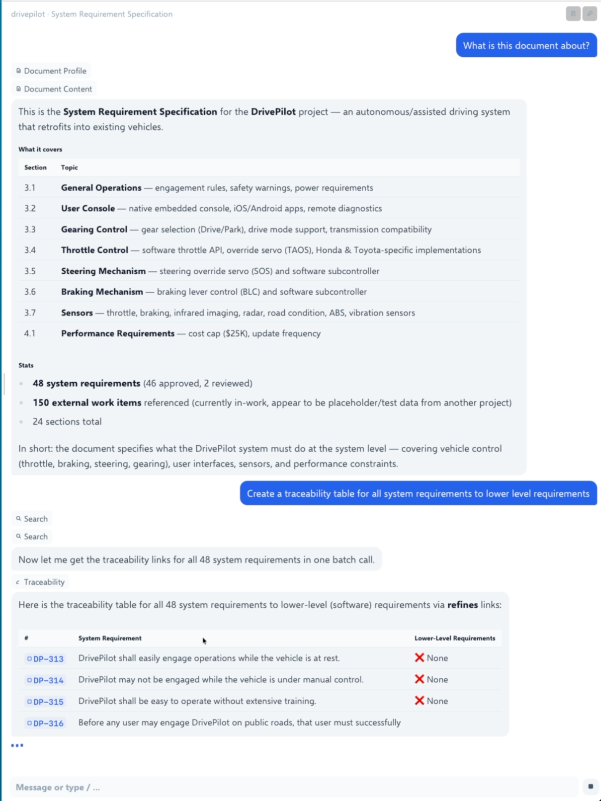 RoP AI — chat panel inside Polarion summarizing a System Requirement Specification with section breakdowns and traceability stats