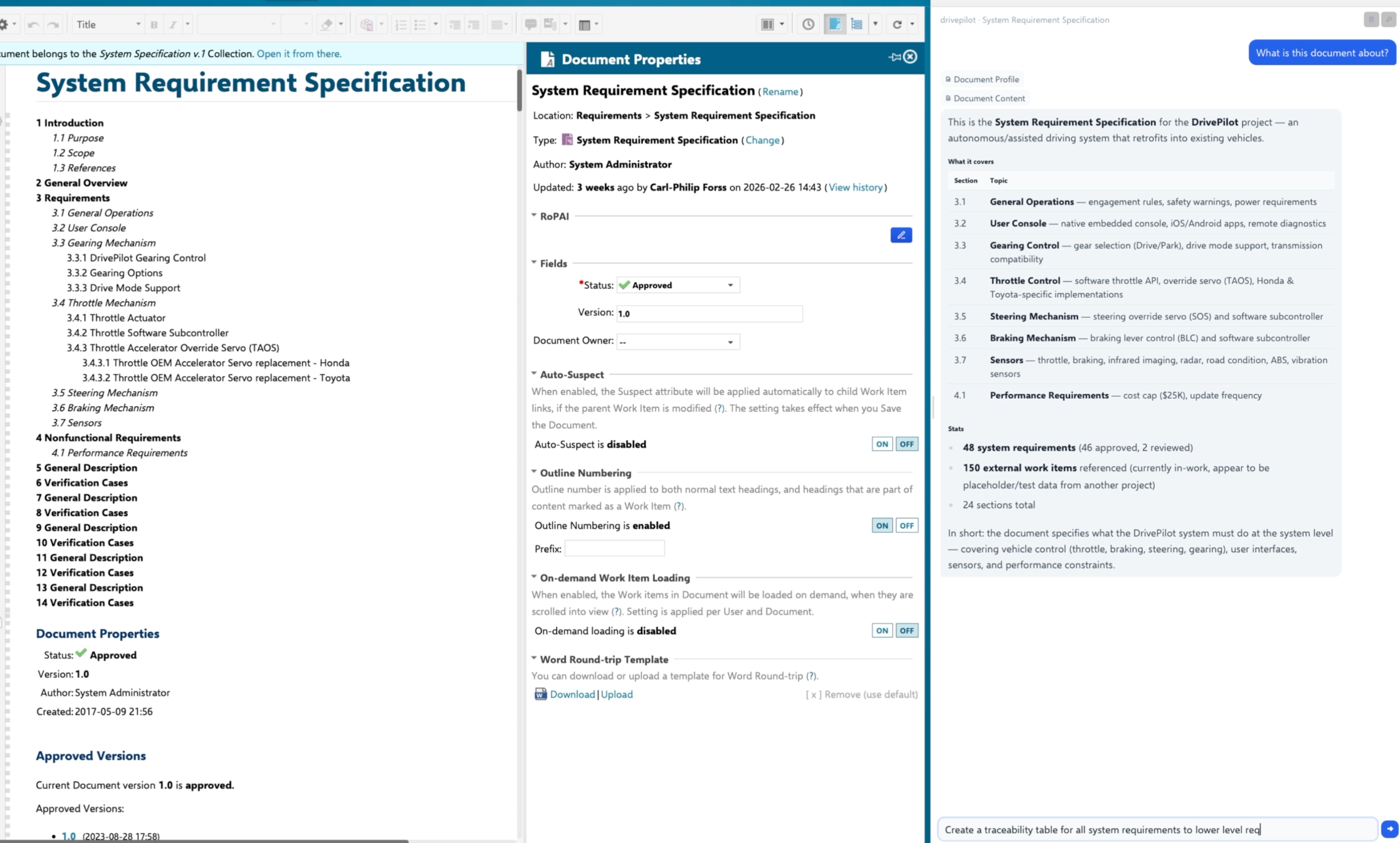 RoP AI document profile — chat panel summarizing a Polarion LiveDoc with section breakdown and item counts