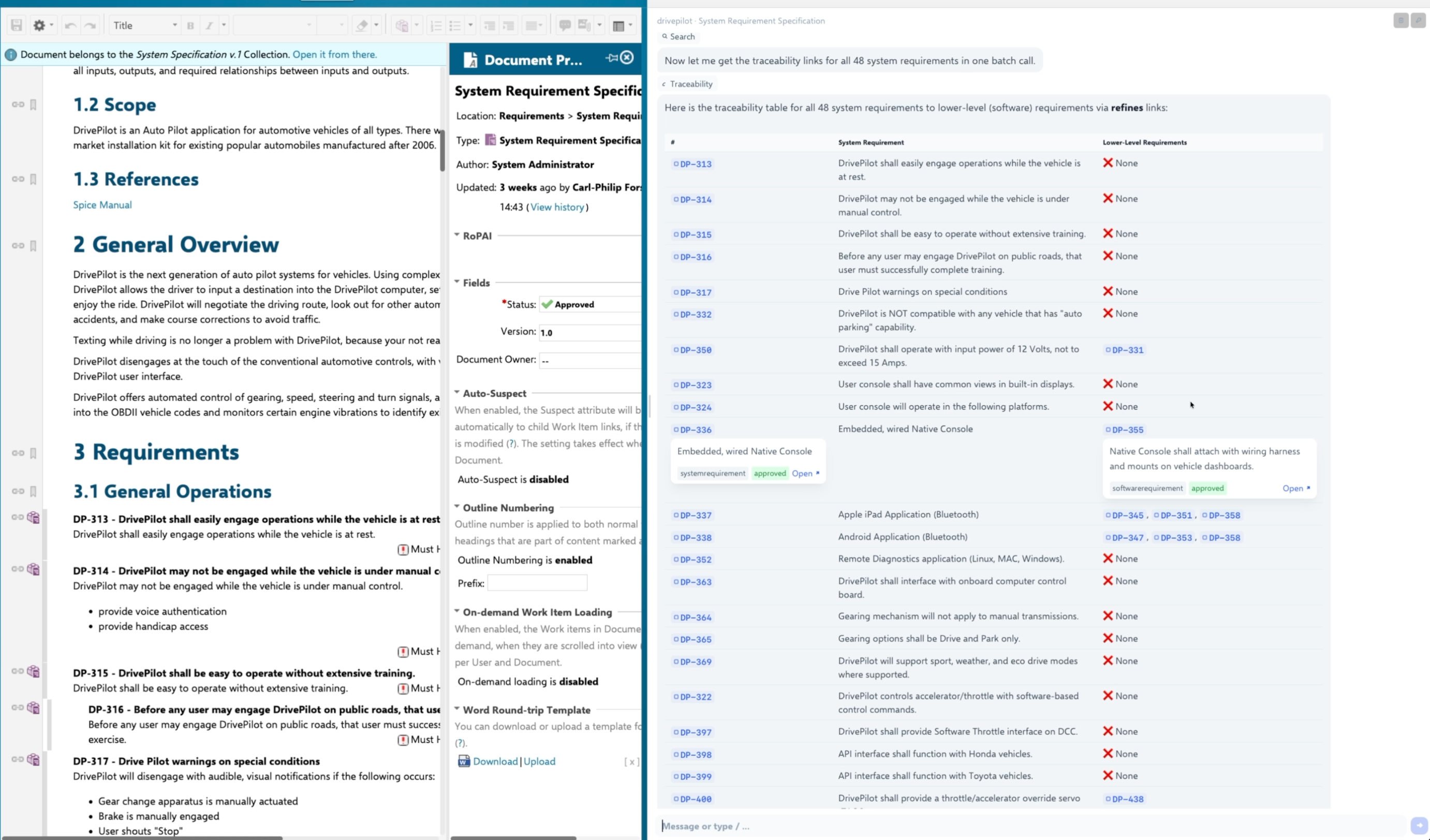 RoP AI traceability table — clickable work item chips with suspect-link indicators