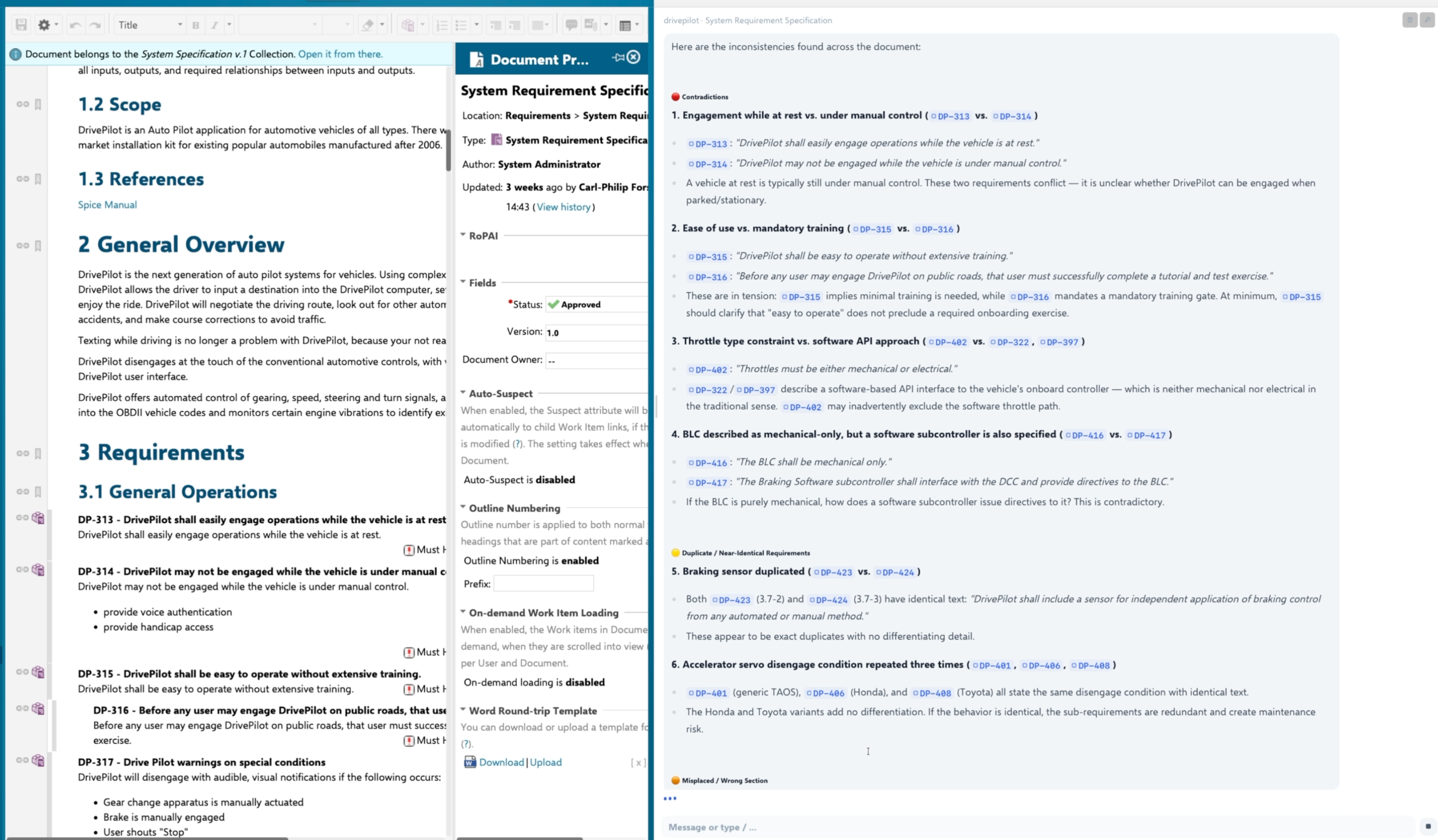 RoP AI inconsistency review — chat output listing contradictions and ambiguities found within a Polarion document