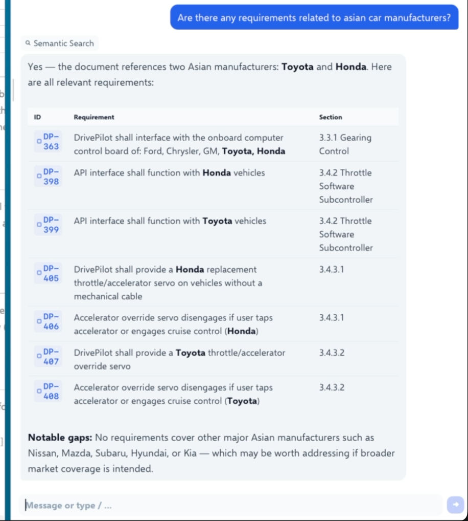 RoP AI semantic search — natural language query returning matching requirements with cross-project work item chips
