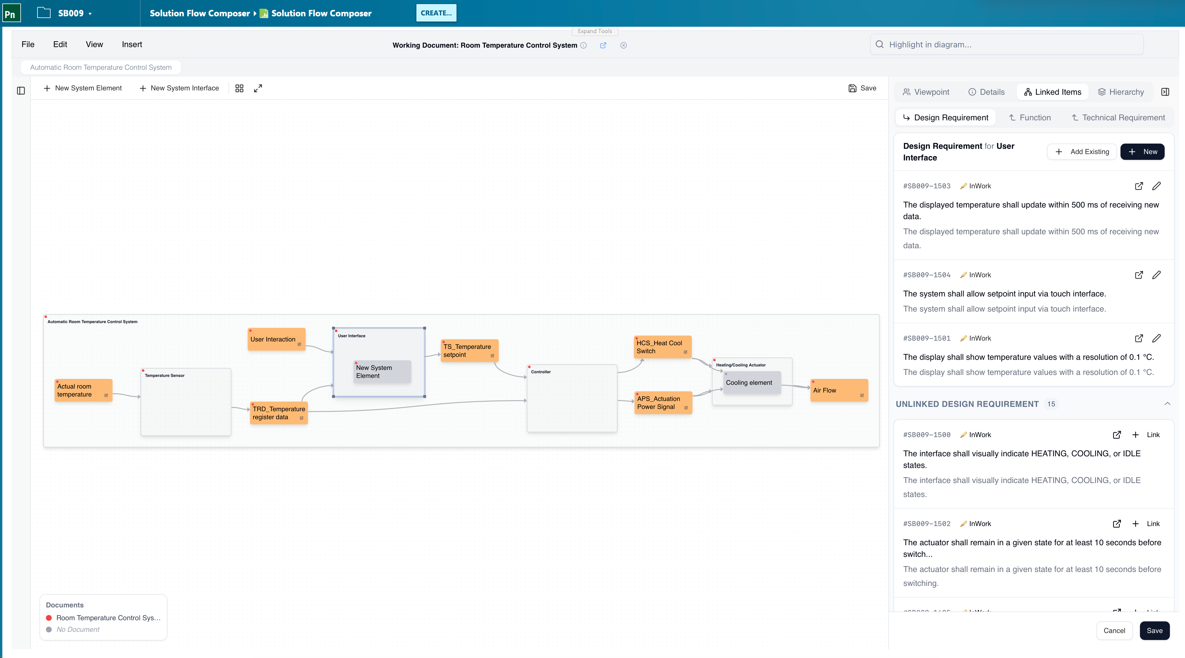 Solution Flow Composer — linked design and technical requirements panel for a selected interface