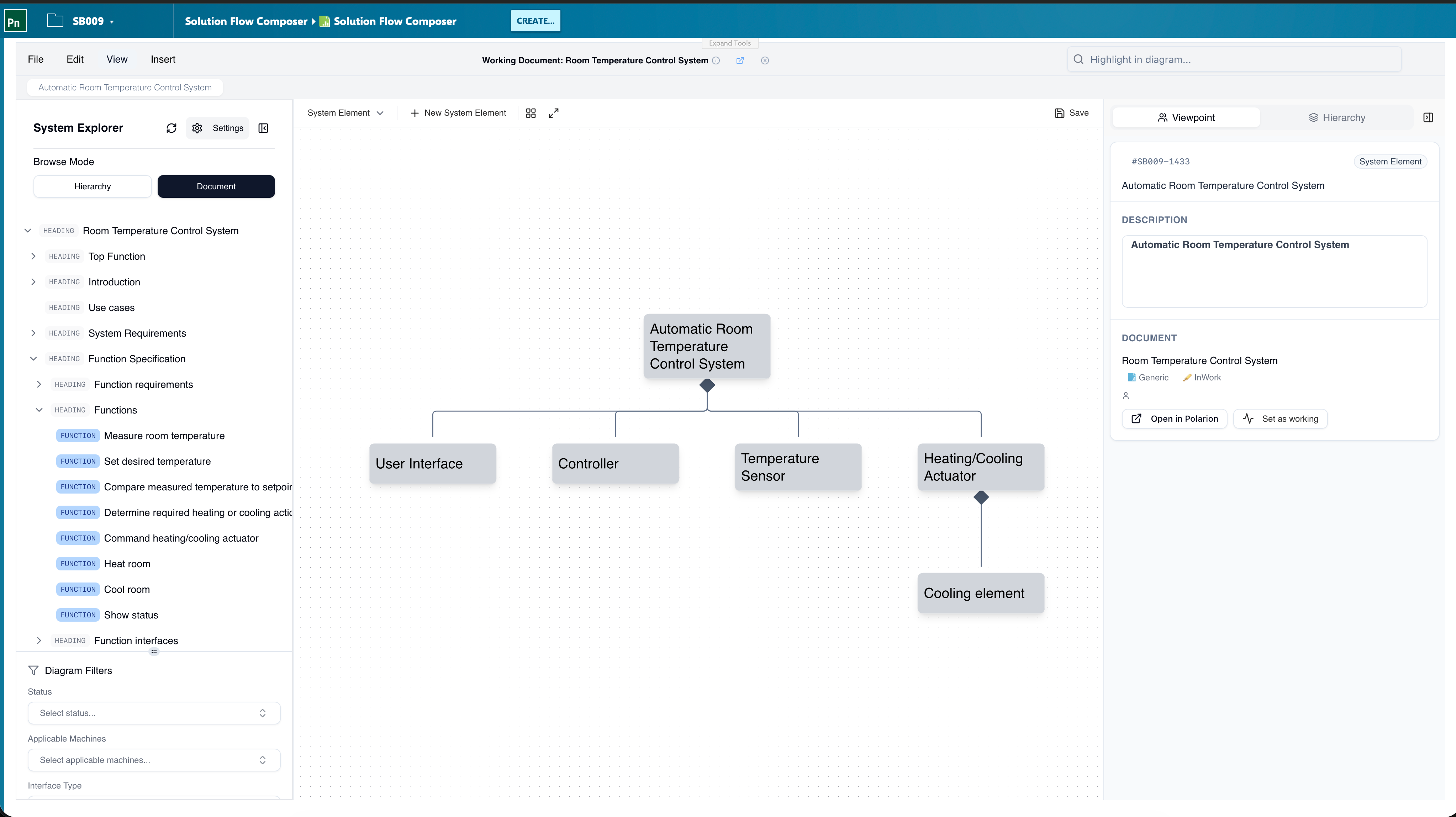Solution Flow Composer — Breakdown View showing the hierarchy of a Room Temperature Control System