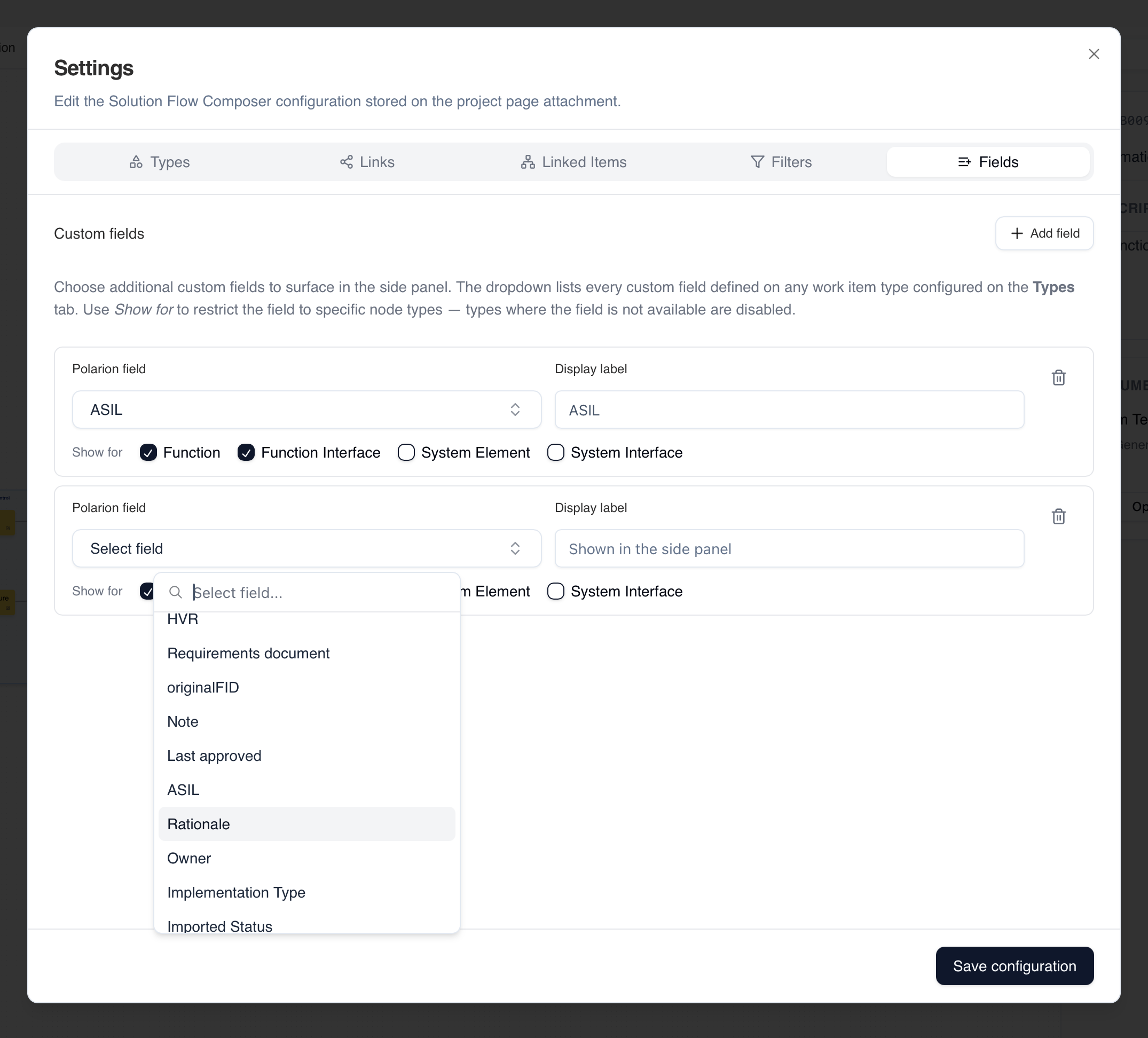 Solution Flow Composer — configuration dialog for selecting custom fields shown in the side panel per node type