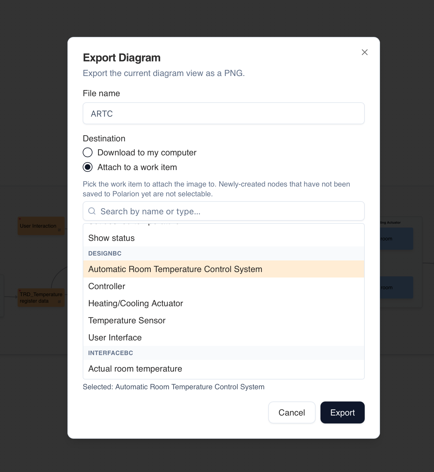 Solution Flow Composer — Export Diagram dialog with options to download or attach the PNG to a work item